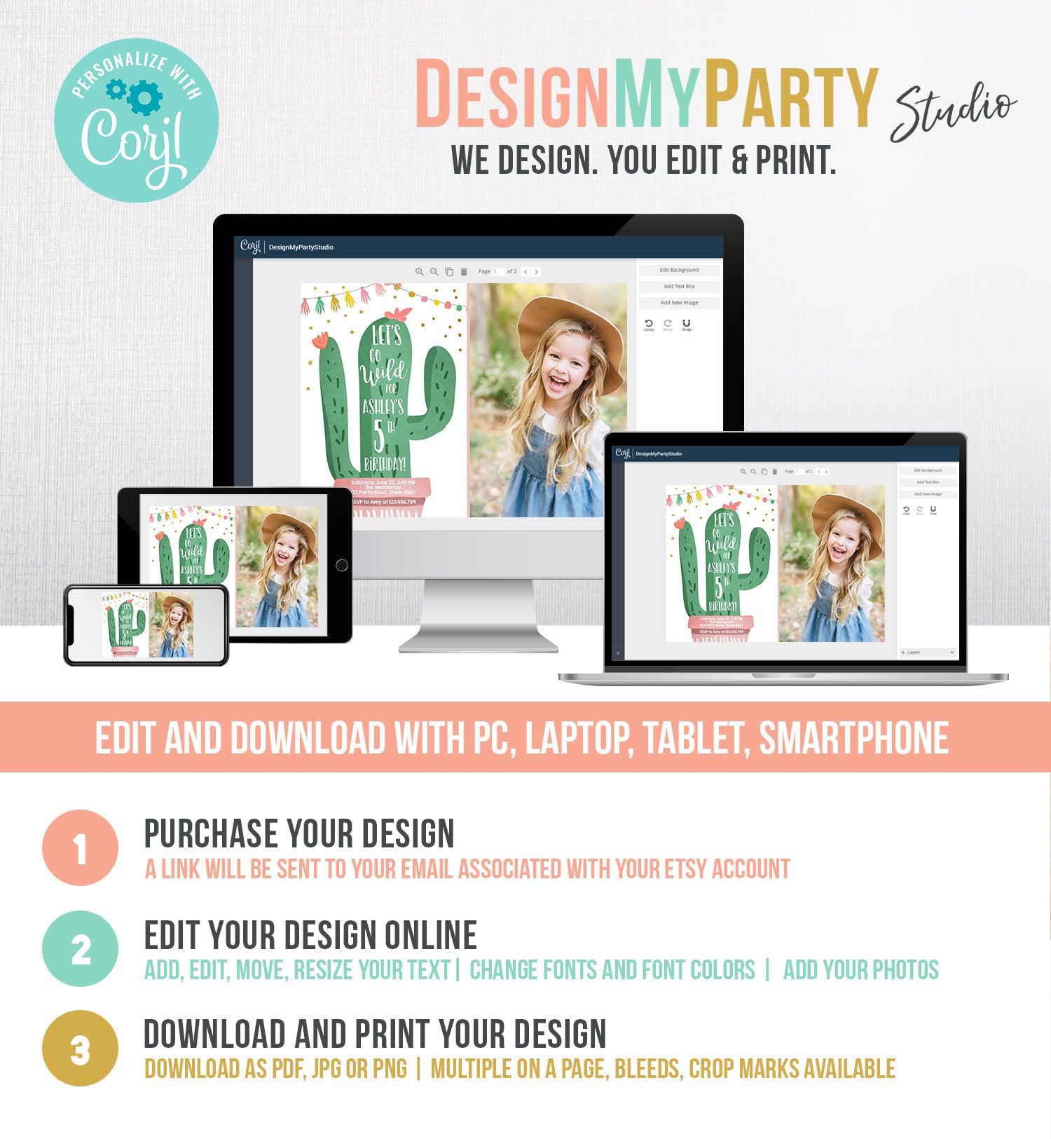 Editable Cactus Fiesta Birthday Invitation Pink Girl First Birthday Succulent 1st Mexican Fiesta and Fun Corjl Template Printable 0255