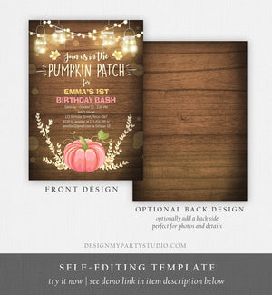 Editable Little Pumpkin Birthday Invitation Pink Pumpkin Patch Autumn Fall Rustic Girl 1st First Birthday Corjl Invitation Printable 0015