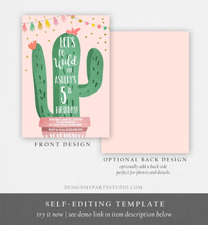 Editable Cactus Birthday Invitation Lets Go Wild One Succulent Mexican Fiesta Invite Girl Pink Download Printable Template Corjl 0255
