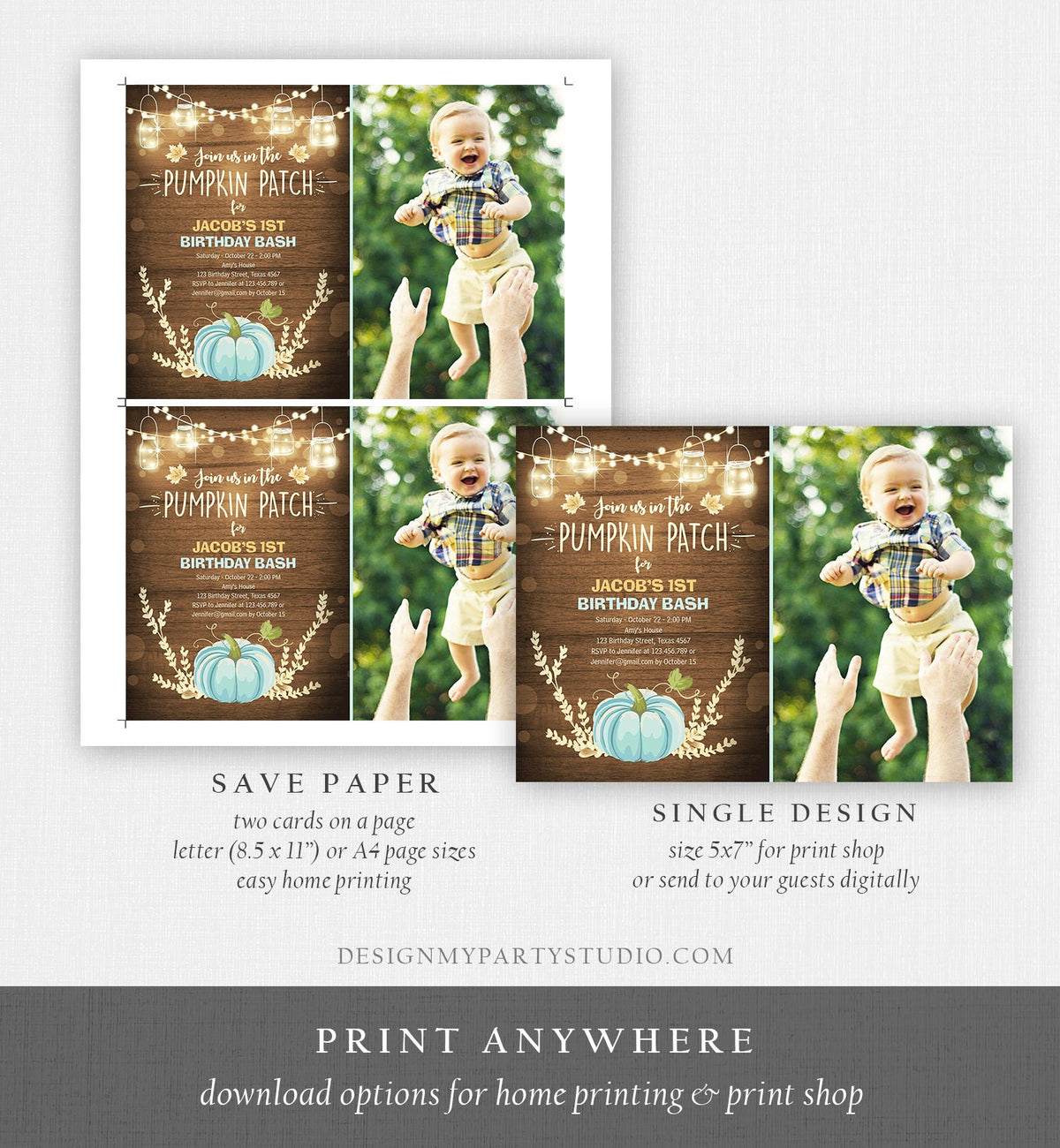 Editable Little Pumpkin Birthday Invitation Blue Pumpkin Patch Autumn Fall Rustic Boy 1st First Birthday Corjl Invitation Printable 0015