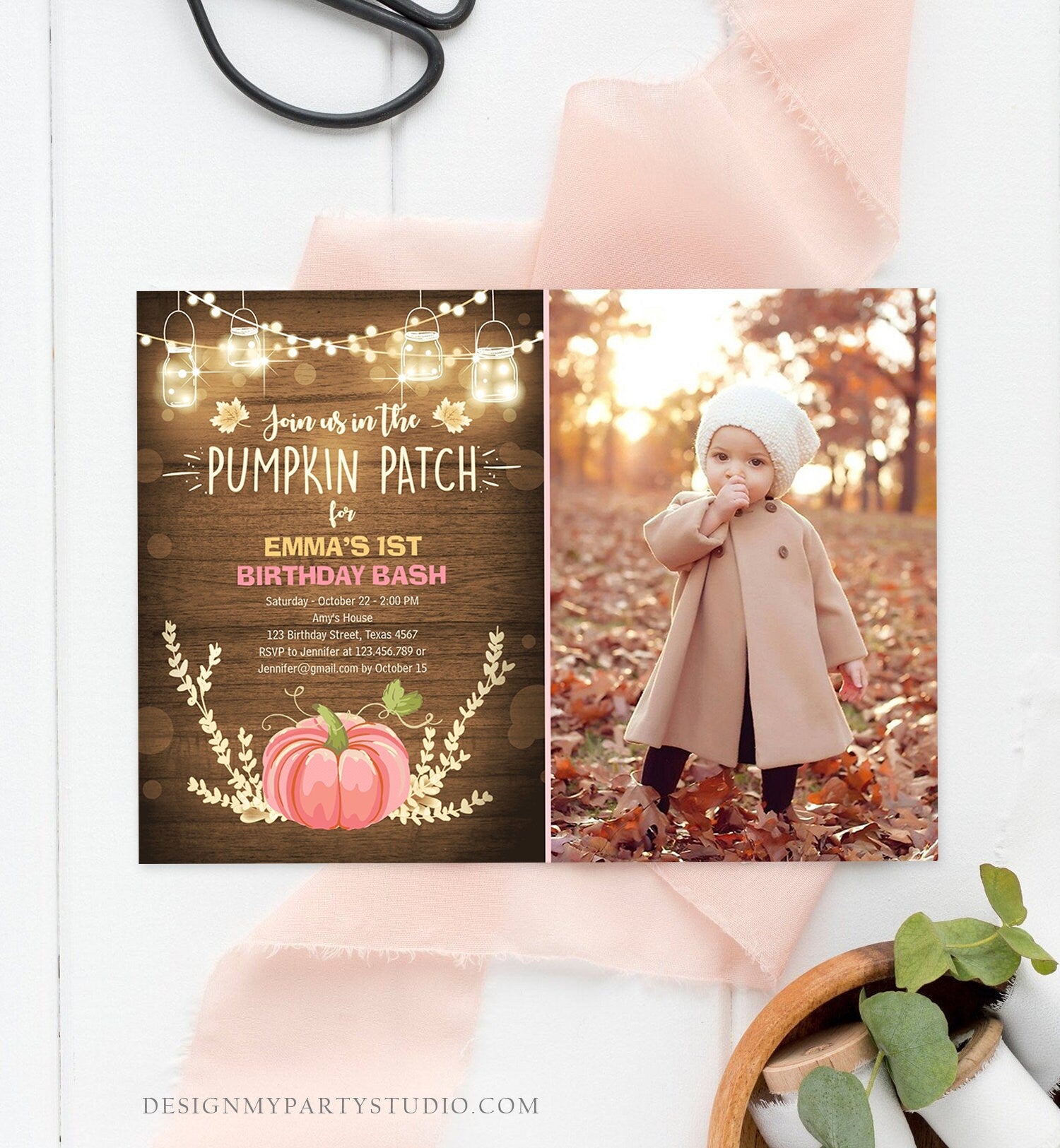 Editable Little Pumpkin Birthday Invitation Pink Pumpkin Patch Autumn Fall Rustic Girl 1st First Birthday Corjl Invitation Printable 0015