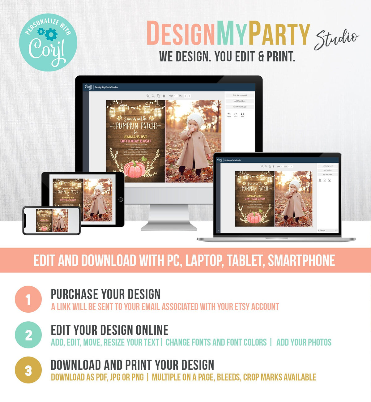 Editable Little Pumpkin Birthday Invitation Pink Pumpkin Patch Autumn Fall Rustic Girl 1st First Birthday Corjl Invitation Printable 0015