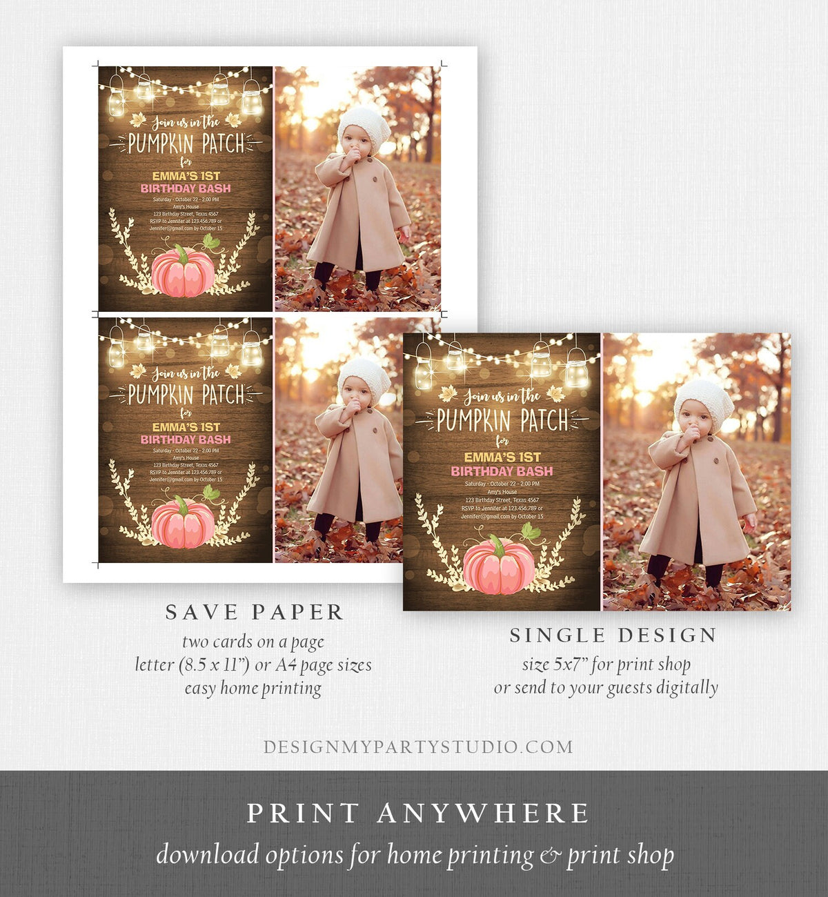 Editable Little Pumpkin Birthday Invitation Pink Pumpkin Patch Autumn Fall Rustic Girl 1st First Birthday Corjl Invitation Printable 0015