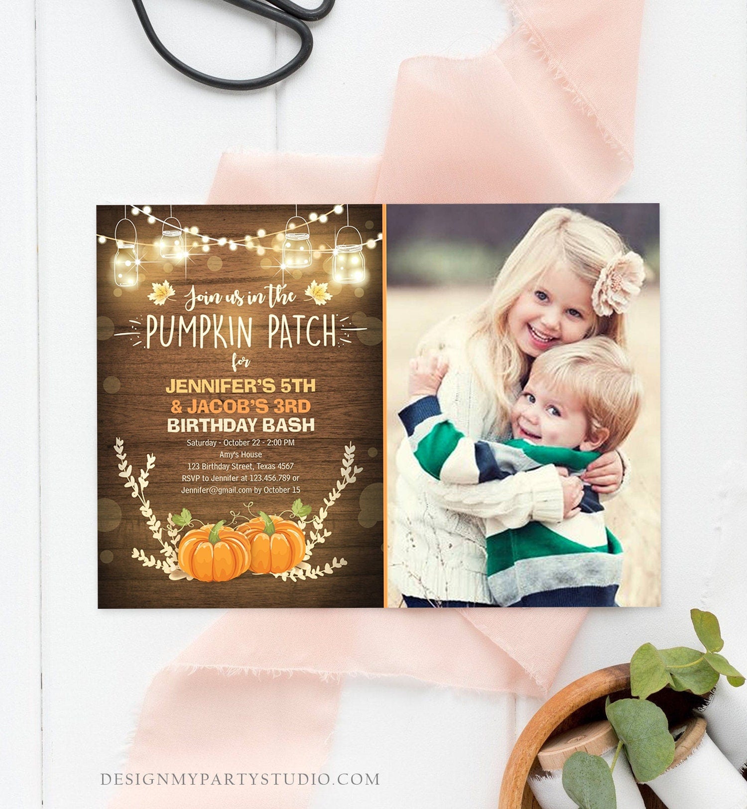 Editable Little Pumpkins Birthday Invitation Orange Pumpkins Patch Autumn Fall Rustic Boy Girl Twins Twin Corjl Invitation Printable 0015