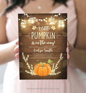 Editable Little Pumpkin Baby Shower Invitation Orange Pumpkin Patch Autumn Fall Rustic Boy Girl Sprinkle Corjl Template Printable 0015