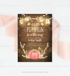 Editable Little Pumpkin Baby Shower Invitation Pink Pumpkin Patch Autumn Fall Rustic Baby Girl Sprinkle Corjl Template Printable 0015