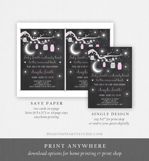 Editable Love You to the Moon and Back Baby Shower Invitation Girl Pink Stars Moon Jars Rustic Baby Instant Download Corjl Template 0306