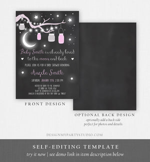 Editable Love You to the Moon and Back Baby Shower Invitation Girl Pink Stars Moon Jars Rustic Baby Instant Download Corjl Template 0306