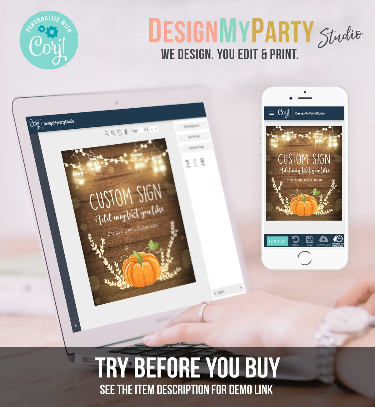 Editable Pumpkin Custom Sign Orange Pumpkin Table Sign Autumn Fall Decor Halloween Thanksgiving Party 8x10 Corjl Template Printable 0015
