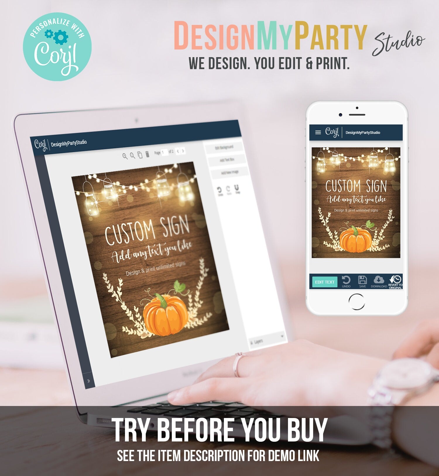 Editable Pumpkin Custom Sign Orange Pumpkin Table Sign Autumn Fall Decor Halloween Thanksgiving Party 8x10 Corjl Template Printable 0015
