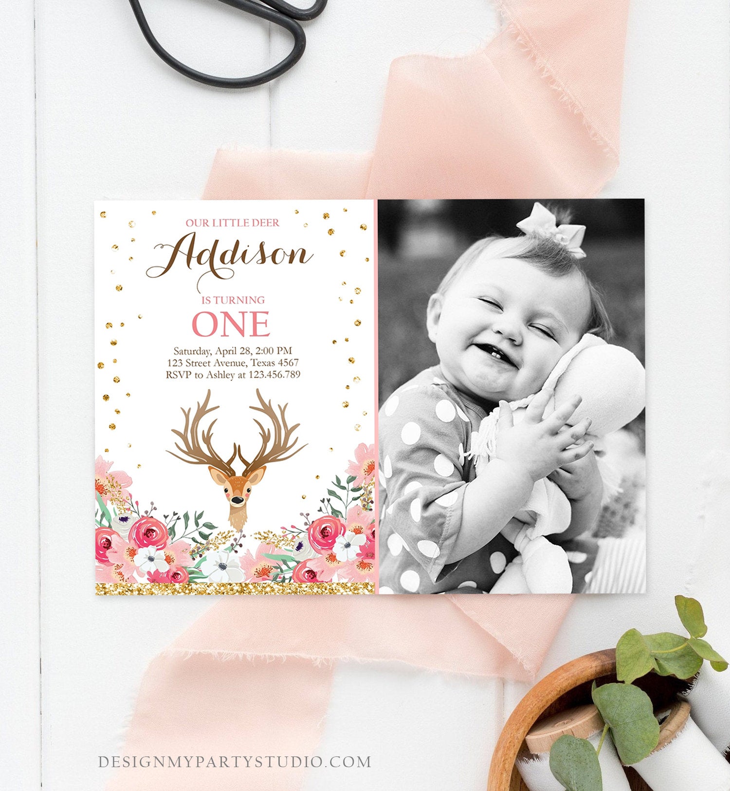 Editable Our Little Deer Birthday Invitation Pink Gold Girl Birthday Floral Woodland Antlers Download Printable Template Corjl Digital 0060