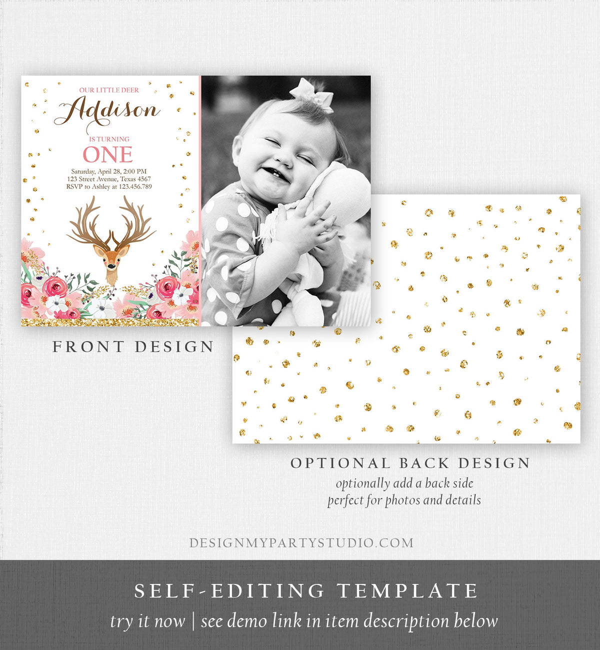 Editable Our Little Deer Birthday Invitation Pink Gold Girl Birthday Floral Woodland Antlers Download Printable Template Corjl Digital 0060