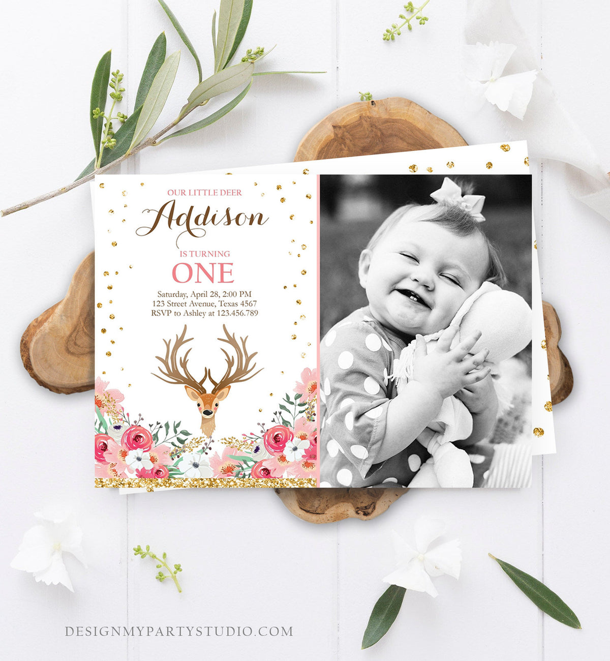 Editable Our Little Deer Birthday Invitation Pink Gold Girl Birthday Floral Woodland Antlers Download Printable Template Corjl Digital 0060