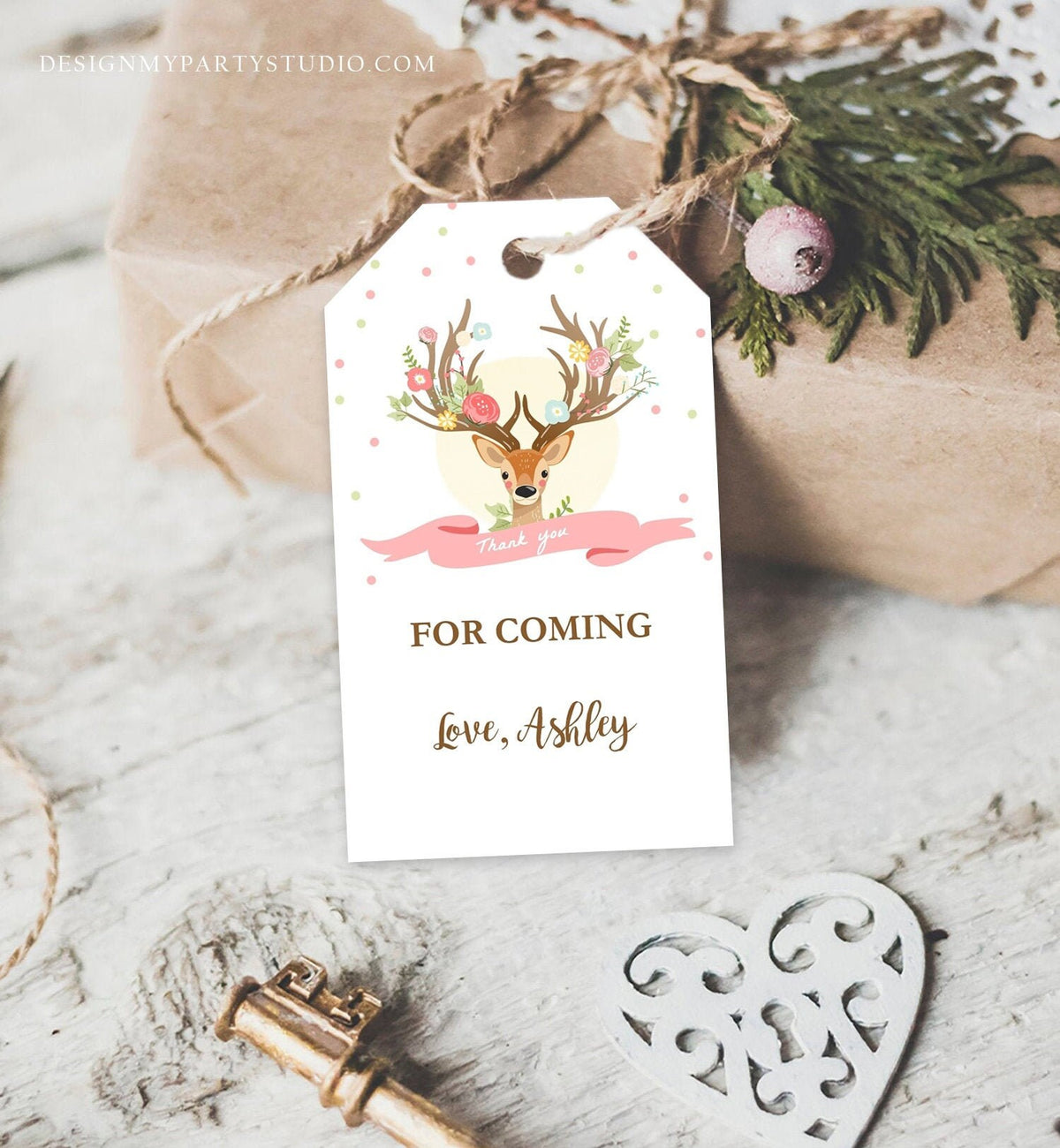 Editable Little Deer Favor Tags Birthday Floral Woodland Thank you Tag Pink Gold Label Gift Deer Baby Shower template PRINTABLE Corjl 0060