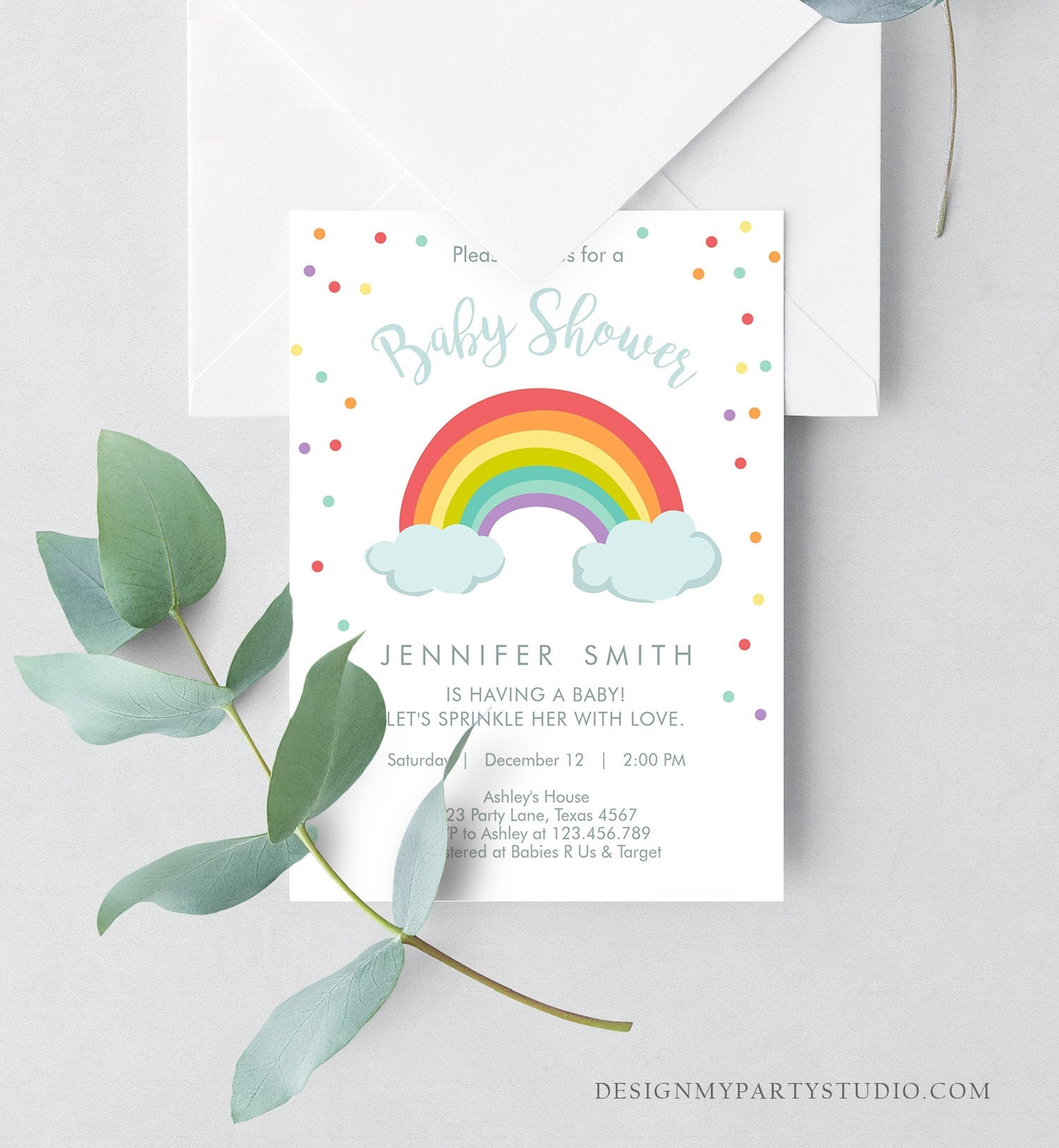 Editable Rainbow Baby Shower Invitation Rainbow Baby After a Loss Cloud Gender Neutral Download Printable Template Corjl Digital 0233
