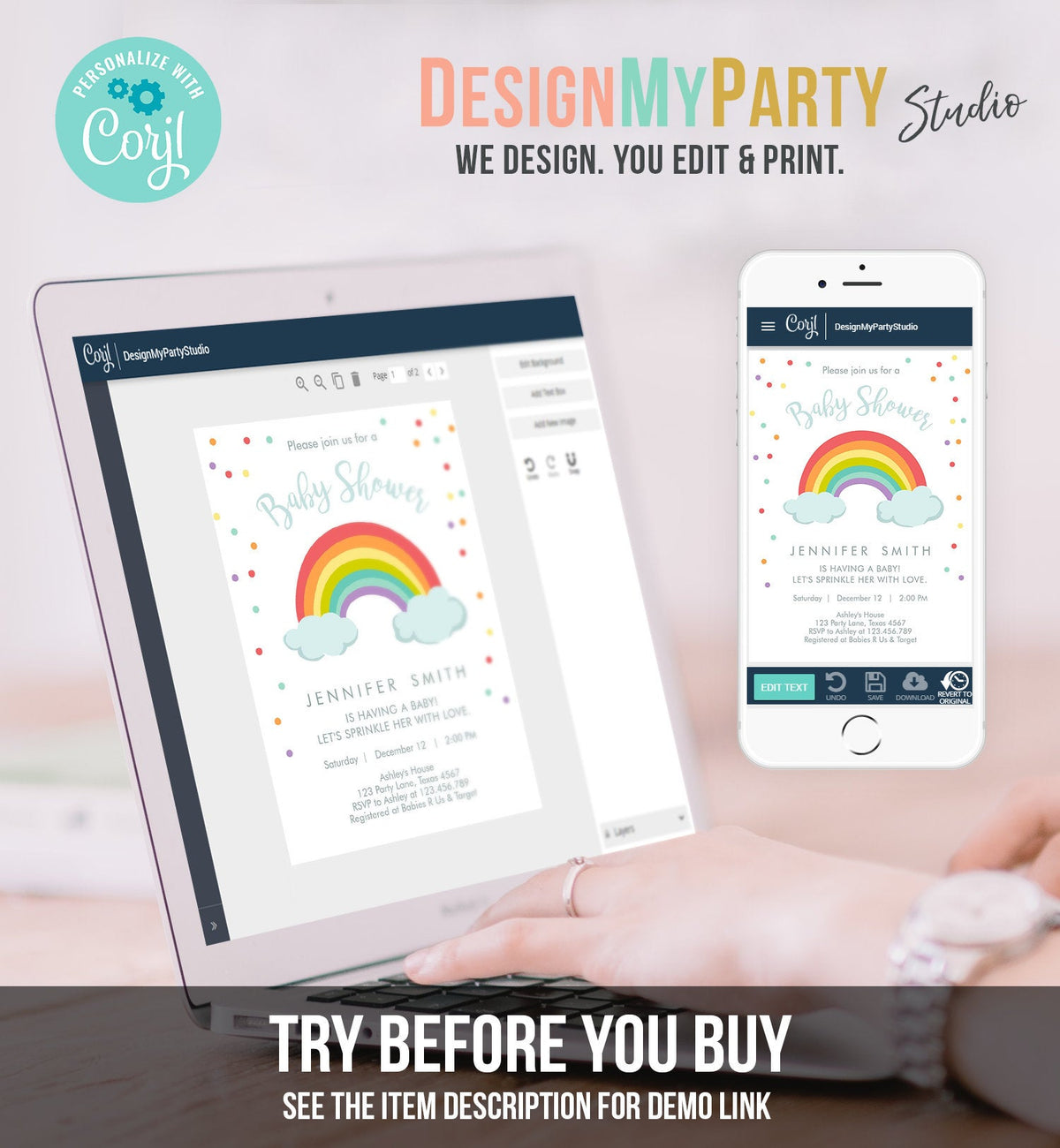 Editable Rainbow Baby Shower Invitation Rainbow Baby After a Loss Cloud Gender Neutral Download Printable Template Corjl Digital 0233