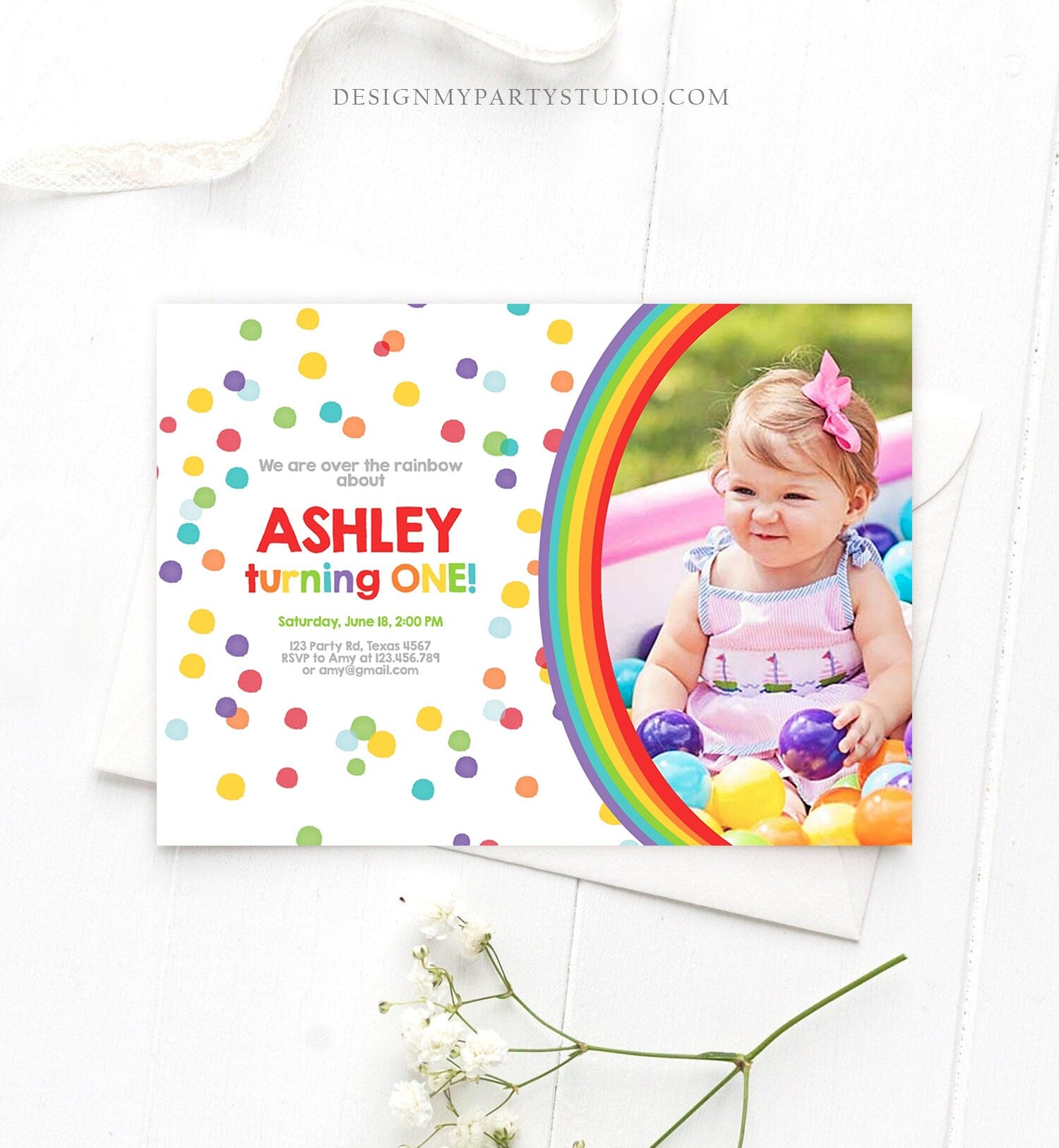 Editable Rainbow Birthday Invitation Kids Girl Boy Neutral Party Clouds Colorful Rainbow Colors Confetti Printable Corjl Template Digital