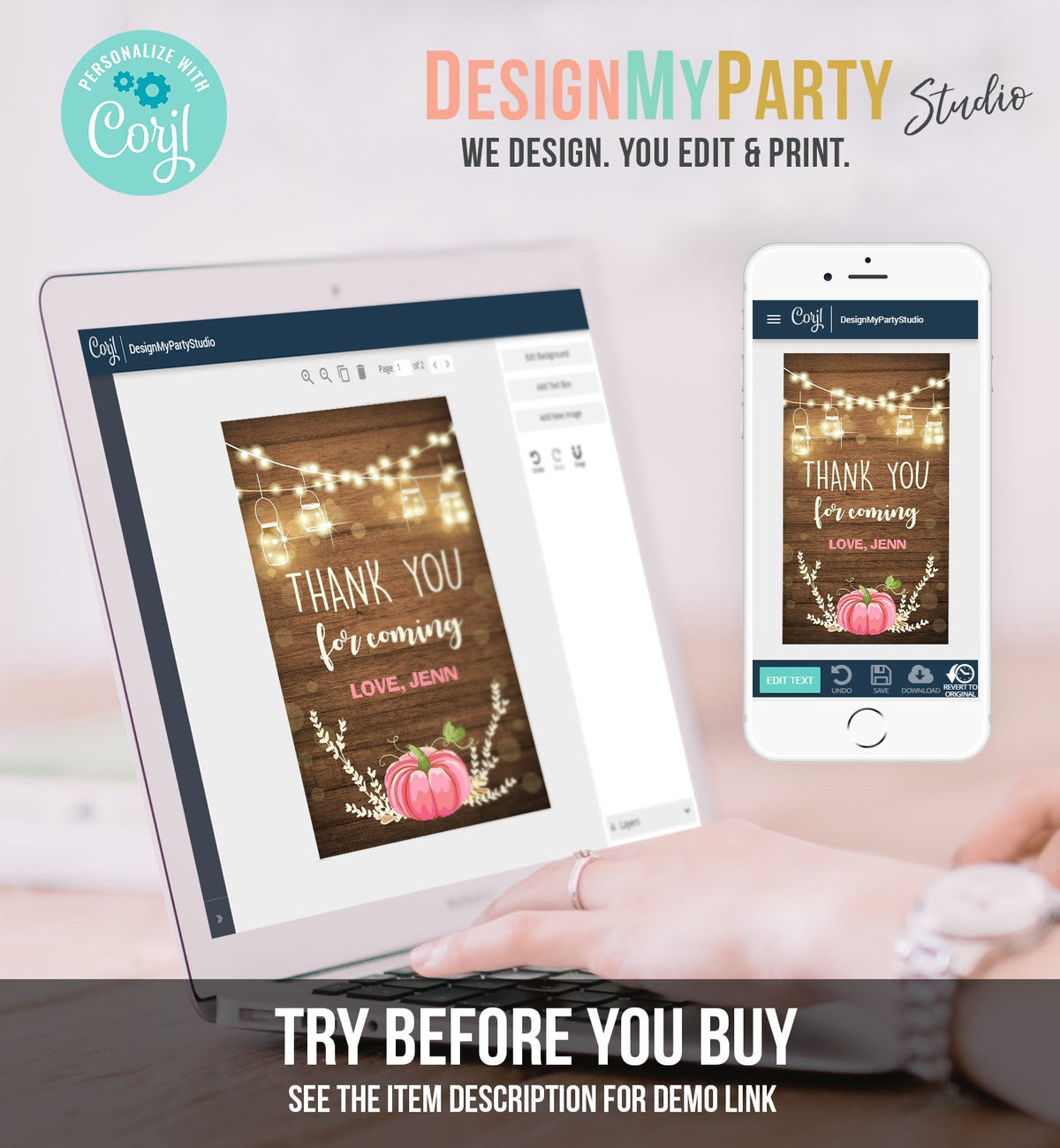 Editable Little Pumpkin Favor Tag Thank You Tag Birthday Baby Shower Rustic Wood Fall Autumn Pumpkin Download Corjl Template Printable 0015