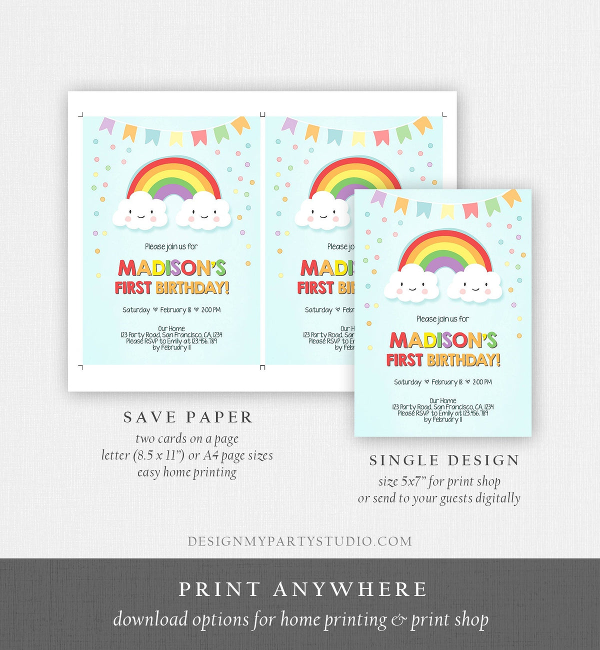 Editable Rainbow Birthday Invitation Kids Girl Boy Neutral Party Clouds Colorful Rainbow Colors Printable Corjl Template Digital