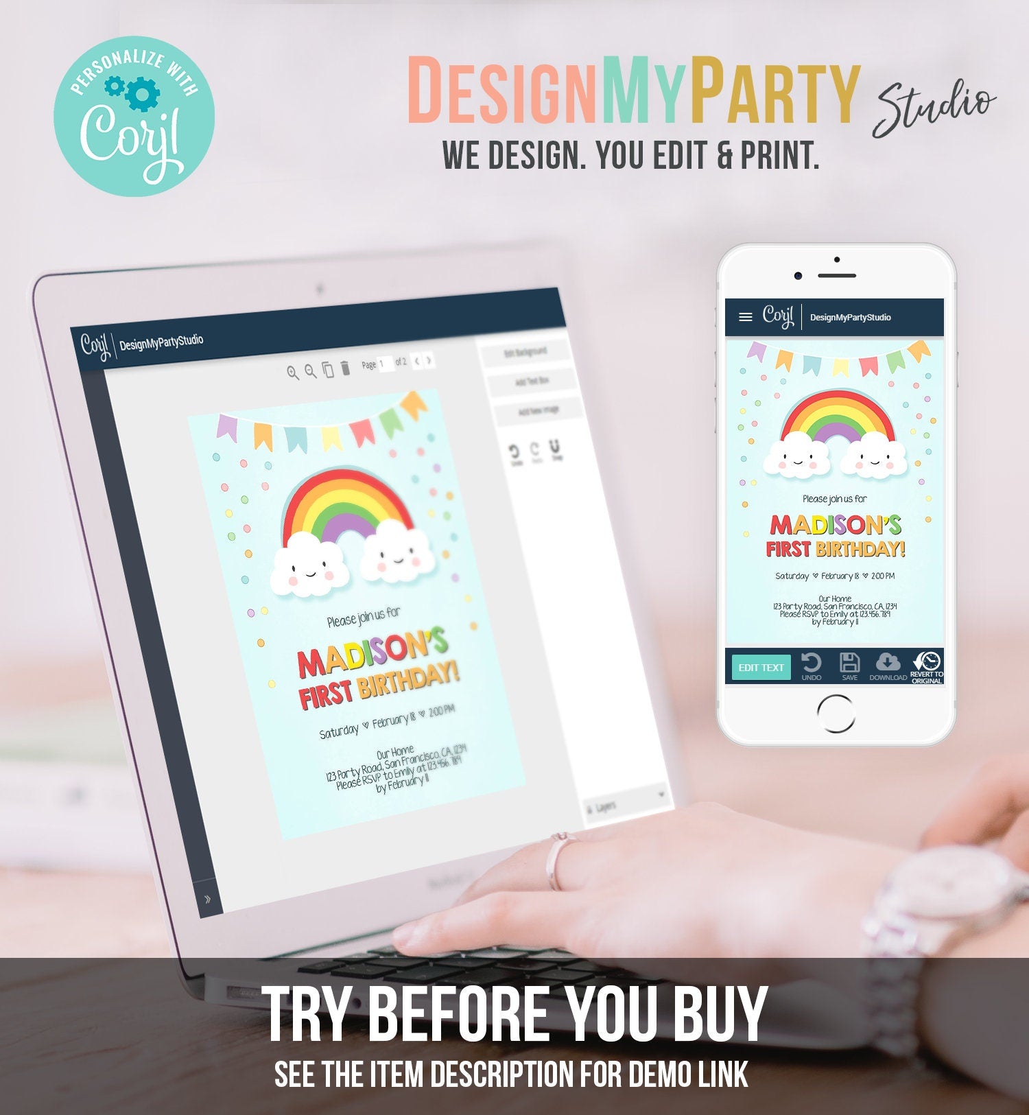 Editable Rainbow Birthday Invitation Kids Girl Boy Neutral Party Clouds Colorful Rainbow Colors Printable Corjl Template Digital