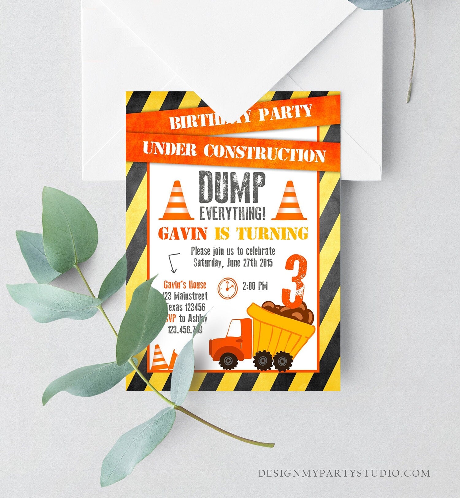 Editable Construction Birthday Invitation Dump Truck Invite Caution Boy Traffic Road Work Truck Dirt Printable Template Digital Corjl 0157