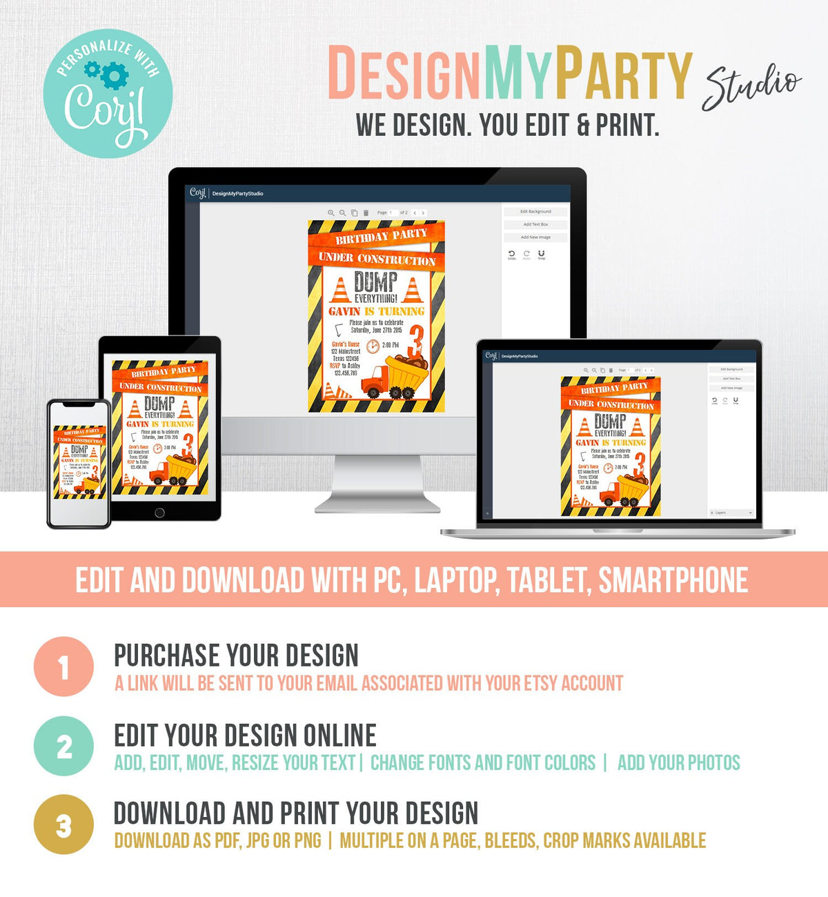 Editable Construction Birthday Invitation Dump Truck Invite Caution Boy Traffic Road Work Truck Dirt Printable Template Digital Corjl 0157