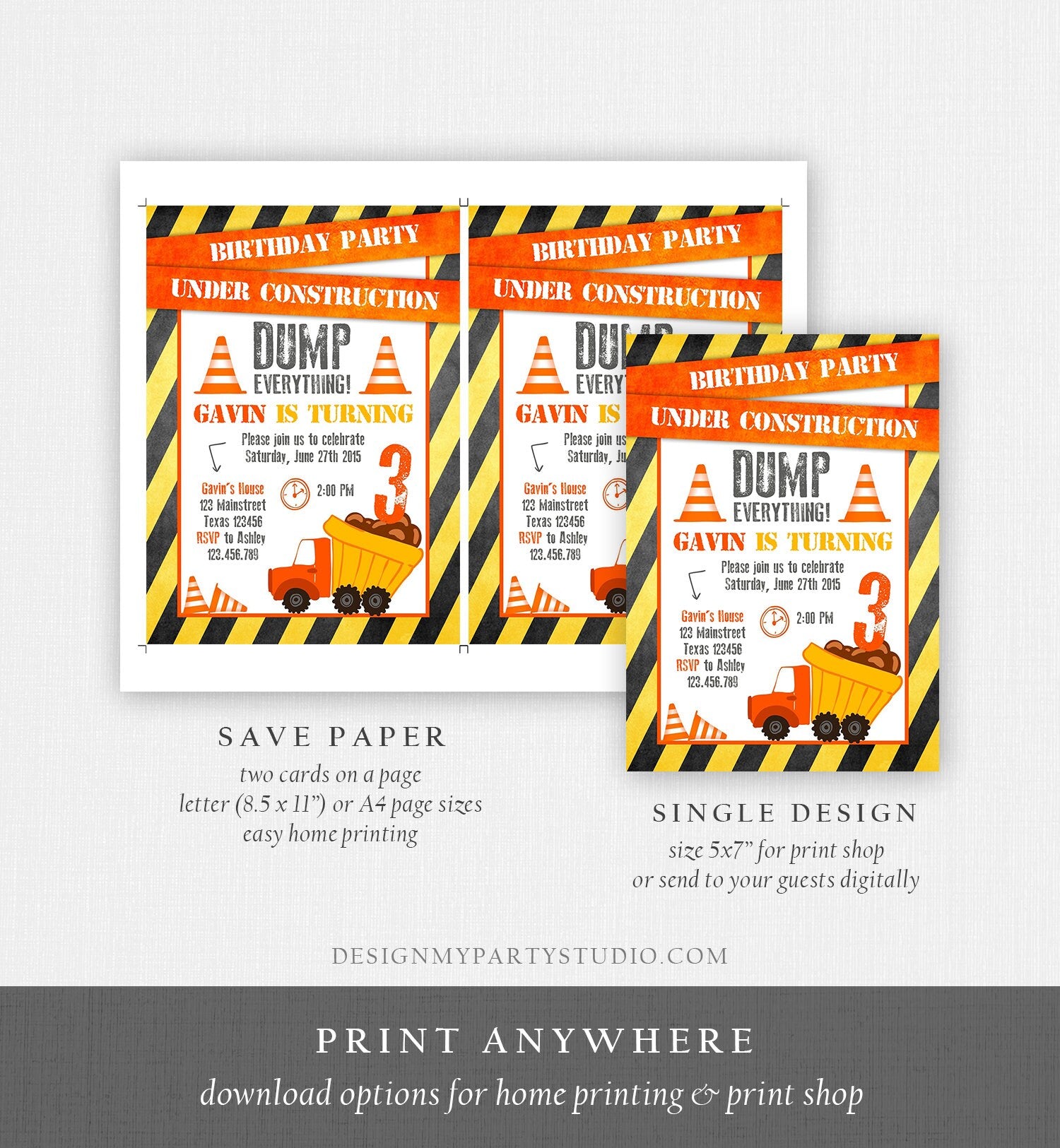 Editable Construction Birthday Invitation Dump Truck Invite Caution Boy Traffic Road Work Truck Dirt Printable Template Digital Corjl 0157