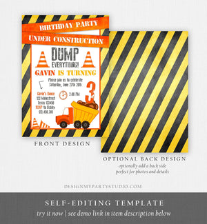 Editable Construction Birthday Invitation Dump Truck Invite Caution Boy Traffic Road Work Truck Dirt Printable Template Digital Corjl 0157