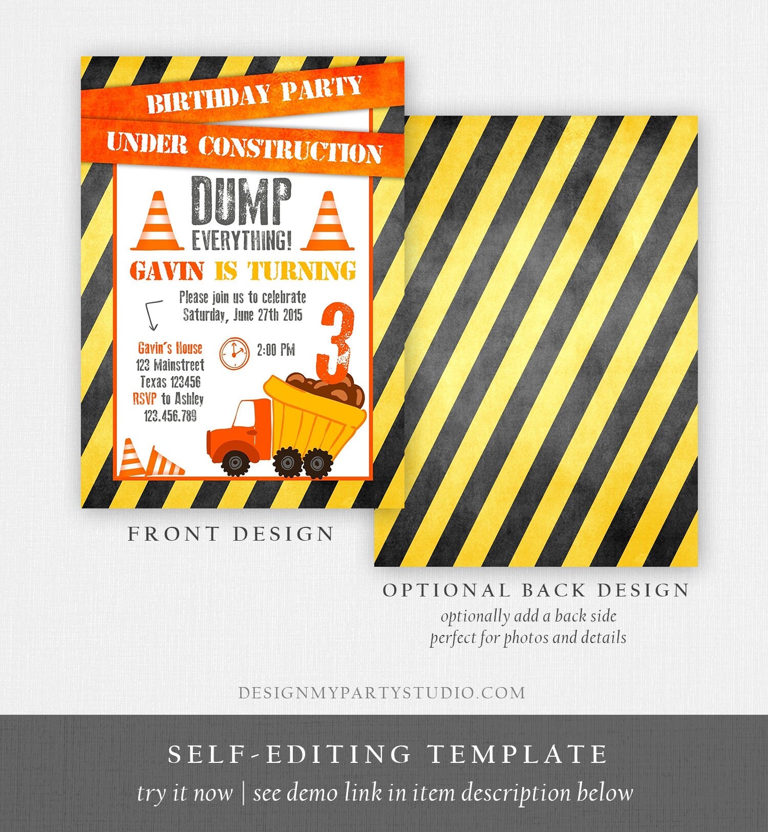 Editable Construction Birthday Invitation Dump Truck Invite Caution Bo - Design My Party Studio editable-construction-birthday-invitation-dump-truck-invite-caution-bo-design-my-party-studio