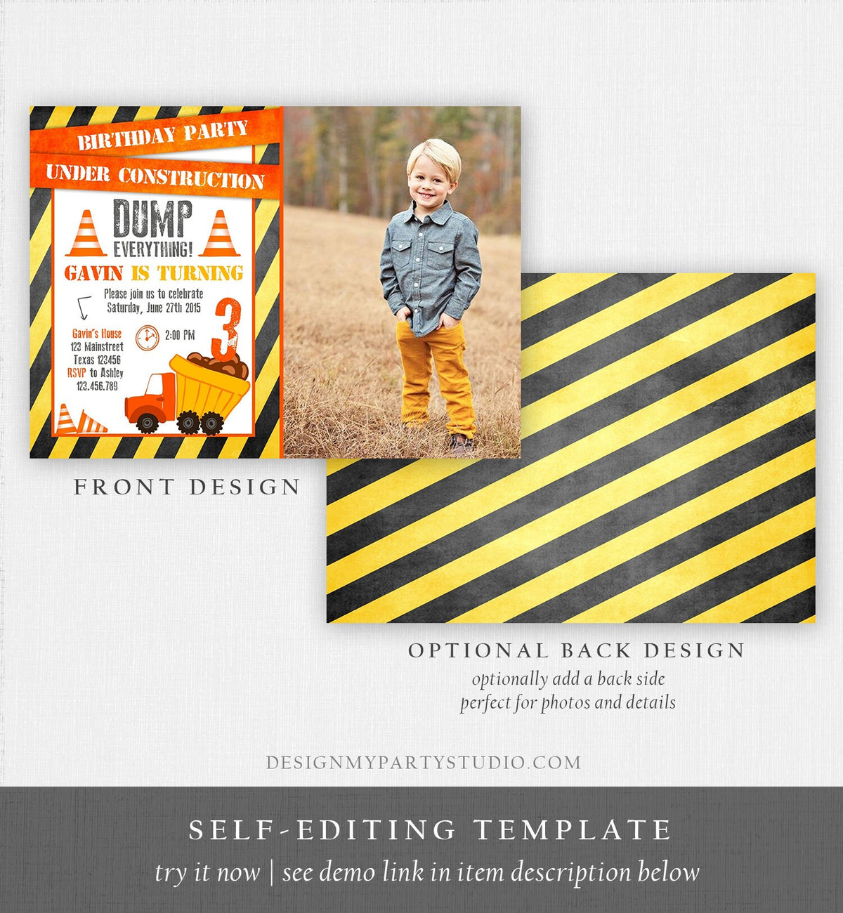 Editable Construction Birthday Invitation Dump Truck Invite Caution Boy Traffic Road Work Truck Dirt Printable Template Digital Corjl 0157