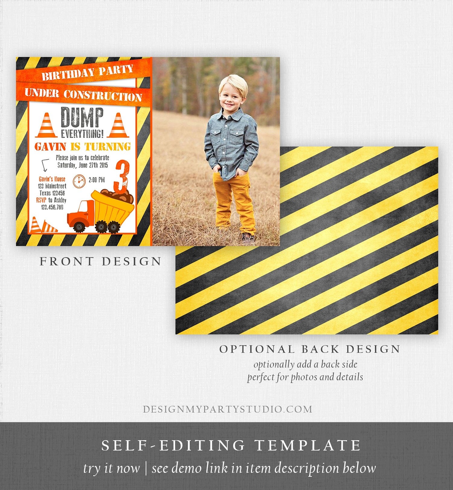 Editable Construction Birthday Invitation Dump Truck Invite Caution Boy Traffic Road Work Truck Dirt Printable Template Digital Corjl 0157