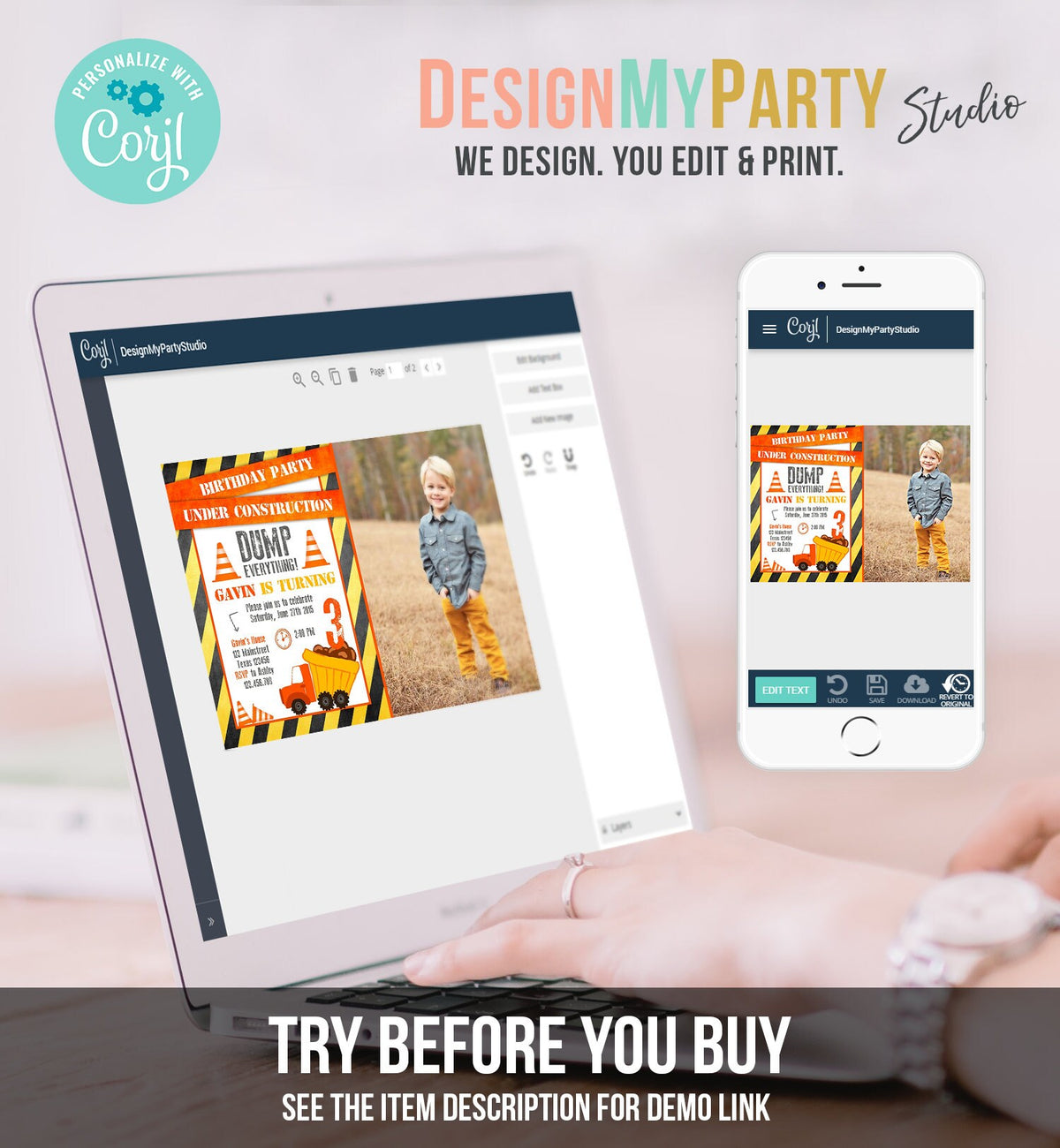 Editable Construction Birthday Invitation Dump Truck Invite Caution Boy Traffic Road Work Truck Dirt Printable Template Digital Corjl 0157