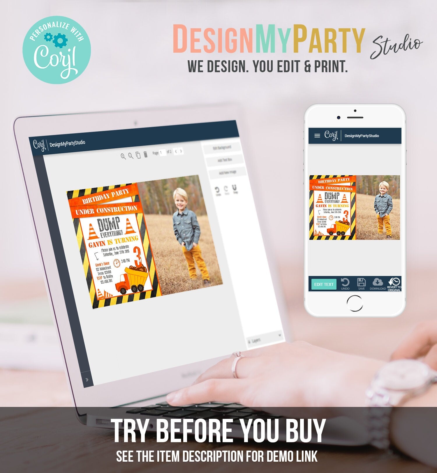 Editable Construction Birthday Invitation Dump Truck Invite Caution Boy Traffic Road Work Truck Dirt Printable Template Digital Corjl 0157