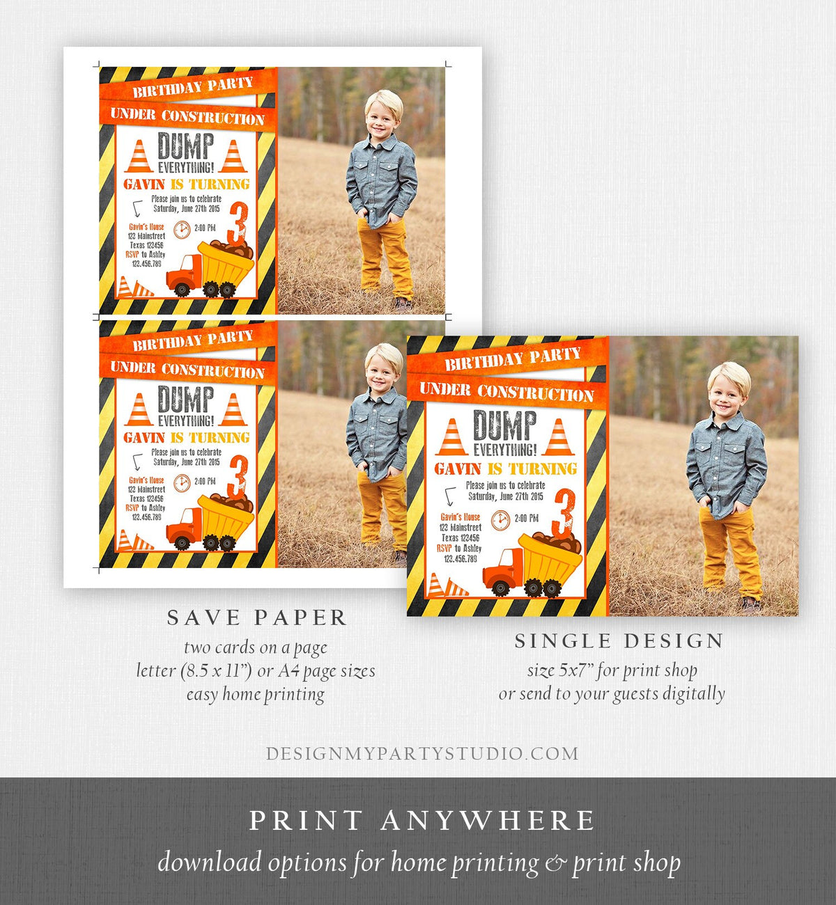 Editable Construction Birthday Invitation Dump Truck Invite Caution Boy Traffic Road Work Truck Dirt Printable Template Digital Corjl 0157