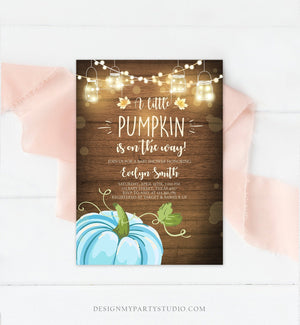 Editable Little Pumpkin Baby Shower Invitation Blue Pumpkin Patch Autumn Fall Rustic Baby Boy Girl Sprinkle Corjl Template Printable 0015