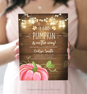 Editable Little Pumpkin Baby Shower Invitation Pink Pumpkin Patch Autumn Fall Rustic Baby Boy Girl Sprinkle Corjl Template Printable 0015
