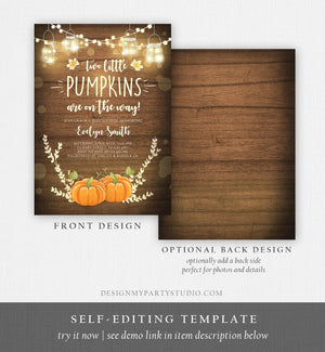 Editable Two Little Pumpkins Baby Shower Invitation Twins Orange Pumpkin Patch Autumn Fall Rustic Sprinkle Corjl Template Printable 0015