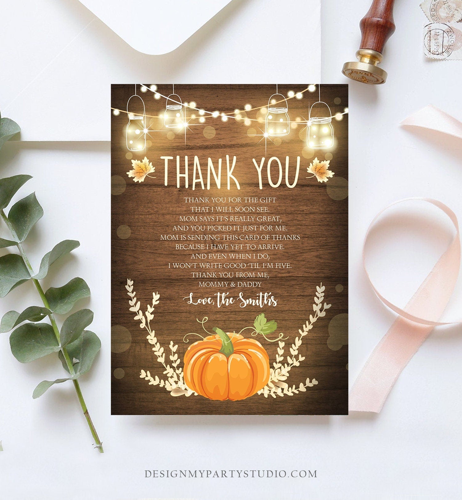 Editable Pumpkin Thank You Card Birthday Baby Shower Thank You Note Rustic Fall Autumn Little Pumpkin Sprinkle Corjl Template Printable 0015