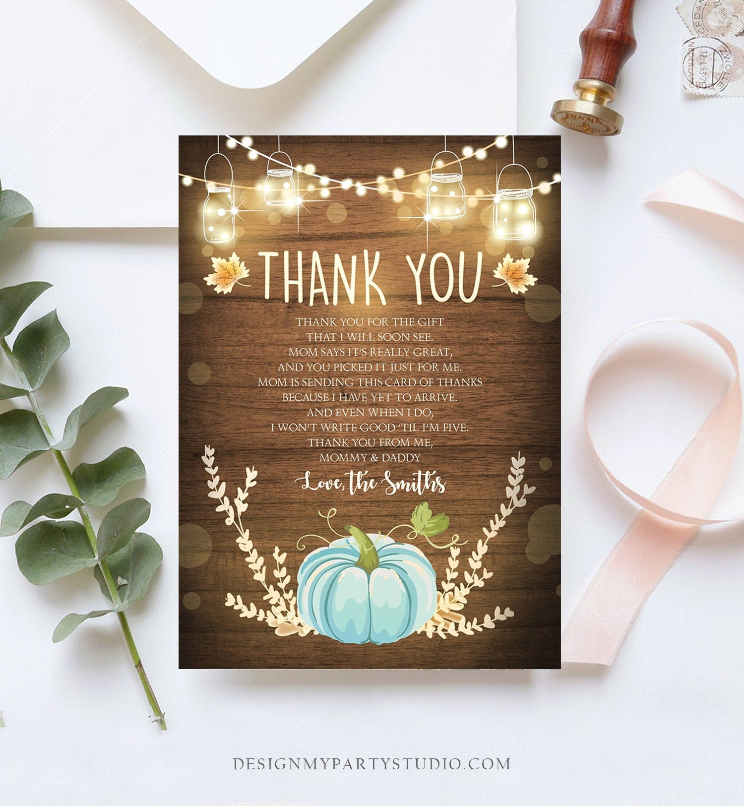 Editable Pumpkin Thank You Card Birthday Baby Shower Thank You Note Rustic Fall Autumn Little Pumpkin Sprinkle Corjl Template Printable 0015