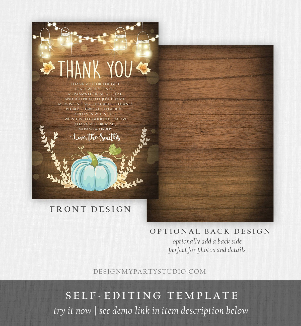 Editable Pumpkin Thank You Card Birthday Baby Shower Thank You Note Rustic Fall Autumn Little Pumpkin Sprinkle Corjl Template Printable 0015