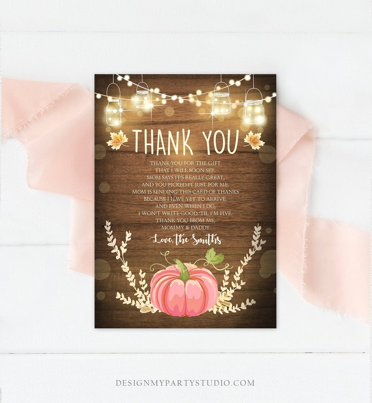 Editable Pumpkin Thank You Card Birthday Baby Shower Thank You Note Rustic Fall Autumn Little Pumpkin Sprinkle Corjl Template Printable 0015