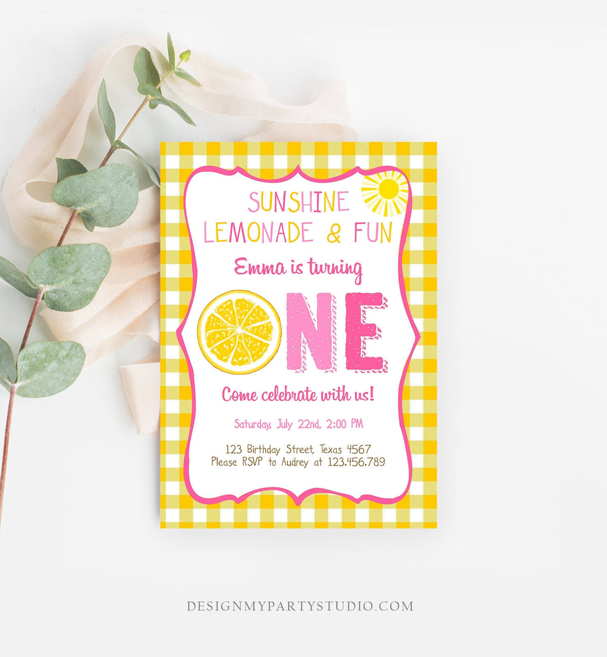 Editable Sunshine Lemonade Birthday Invitation Pink Girl Sunshine Party Lemonade and Fun Invite 1st Birthday Printable Template Corjl 0308