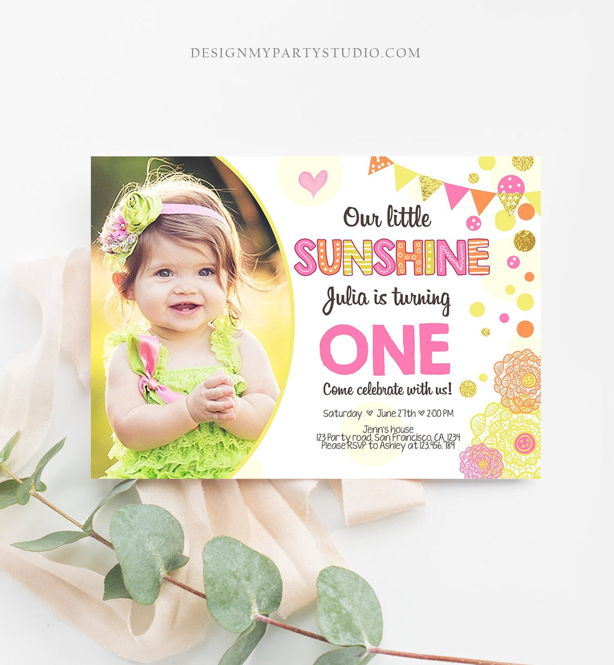 Editable Our Little Sunshine Birthday Invitation You Are My Sunshine First Birthday 1st Party Yellow Pink Girl Download Corjl Template 0239