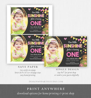 Editable Our Little Sunshine Birthday Invitation You Are My Sunshine First Birthday 1st Party Yellow Pink Girl Download Corjl Template 0239