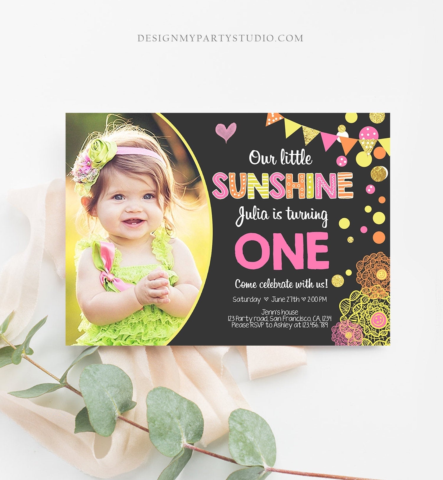 Editable Our Little Sunshine Birthday Invitation You Are My Sunshine First Birthday 1st Party Yellow Pink Girl Download Corjl Template 0239
