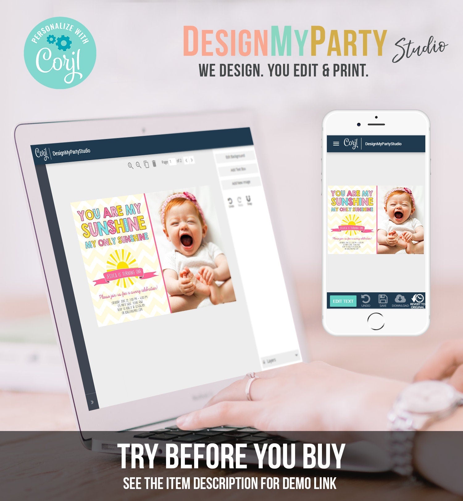 Editable Sunshine Birthday Party Invitation You Are My Sunshine 1st Birthday Invite Lemonade Pink Girl Printable Invite Template Corjl 0097