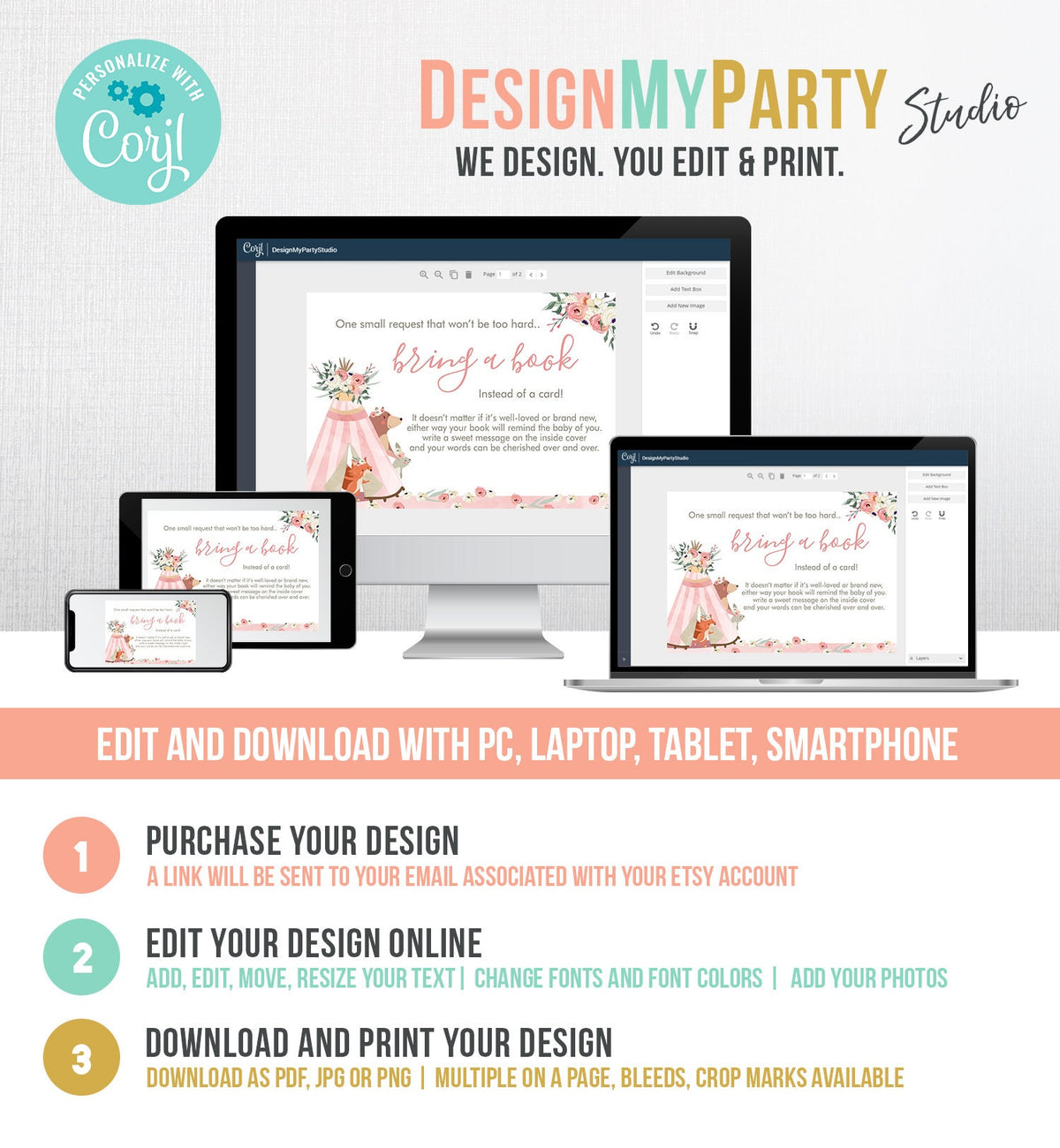 Editable Woodland Bring a Book Card Woodland Animals Baby Shower Pink Girl Teepee Boho Floral Insert Card Template PRINTABLE Corjl 0222