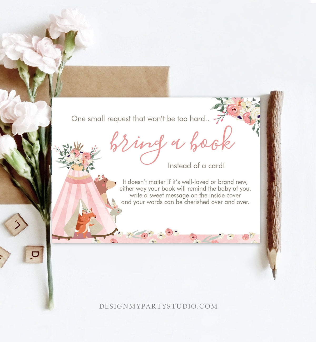 Editable Woodland Bring a Book Card Woodland Animals Baby Shower Pink Girl Teepee Boho Floral Insert Card Template PRINTABLE Corjl 0222
