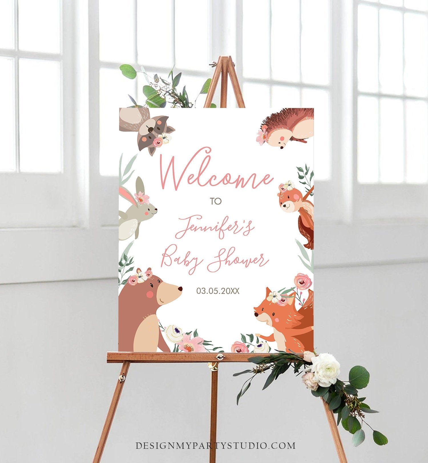 Editable Woodland Welcome Sign Woodland Baby Shower Welcome Girl Rustic Floral Boho Forest Animals Birthday Corjl Template PRINTABLE 0222