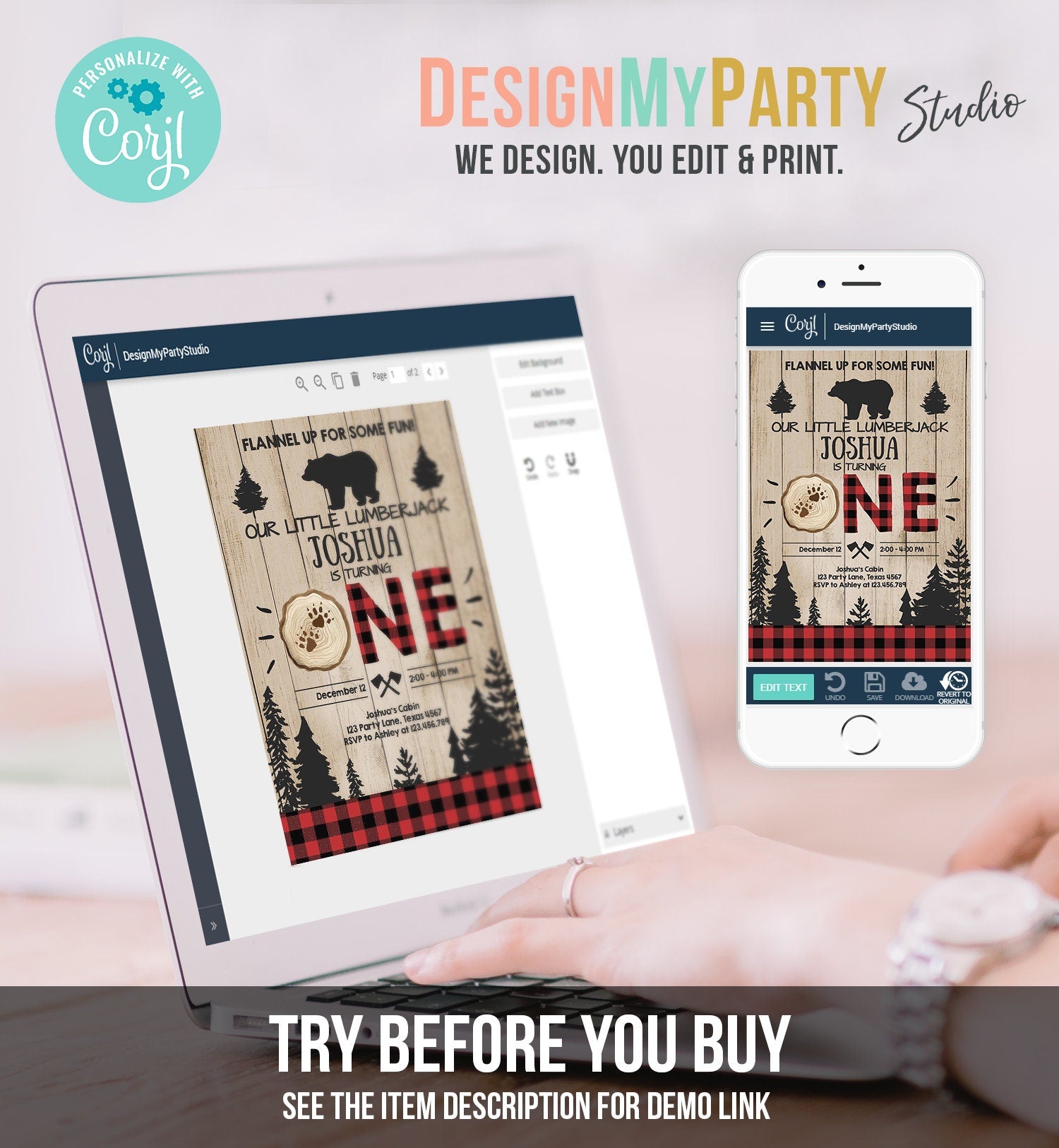 Editable Lumberjack Birthday Invitation Rustic Woodland First Birthday Bear Buffalo Plaid Forest Wilderness Printable Corjl Template 0191